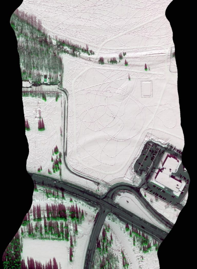 Aerial view of a snow covered landscape created with hyperspectral imaging