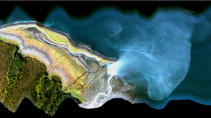 Aerial view of Kachemak Bay showing hyperspectral imaging over the ocean.